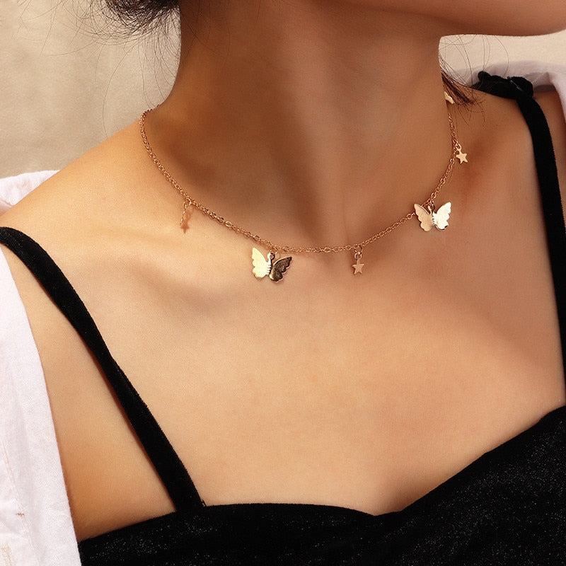 Gold And Silver Plated Butterfly Choker Necklaces