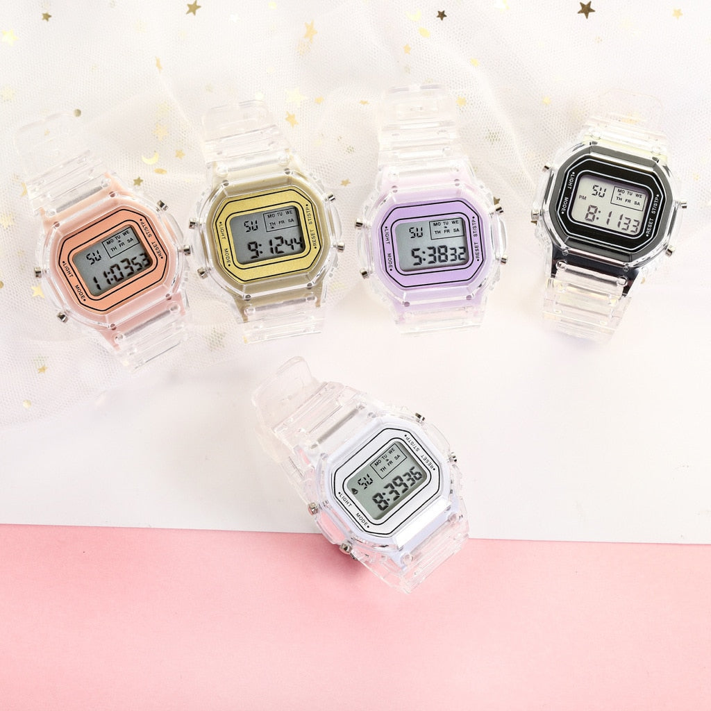 Digital Watch  Women's Transparent Square  Electronic Sports Wrist Watch