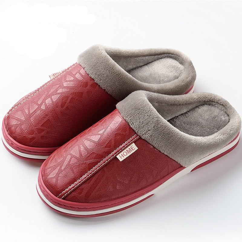 Slippers Men's Home Winter Indoor Warm Shoes Thick Bottom Plush  Waterproof Leather House Slippers