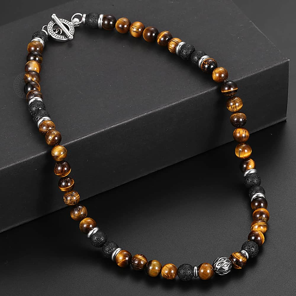 Men's Natural Tiger Eyes Stone Lava Bead And Stainless Steel Necklace