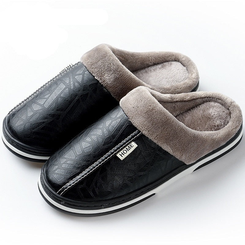 Slippers Men's Home Winter Indoor Warm Shoes Thick Bottom Plush  Waterproof Leather House Slippers