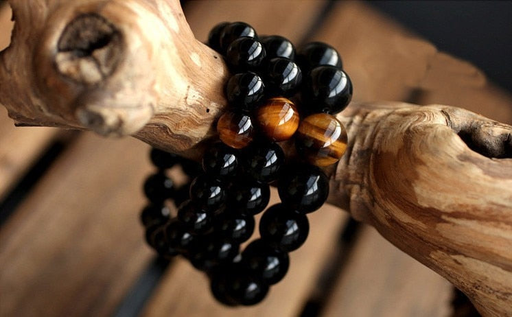 Natural Black Onyx with Tiger eye Stone Beads Jewelry Bracelet