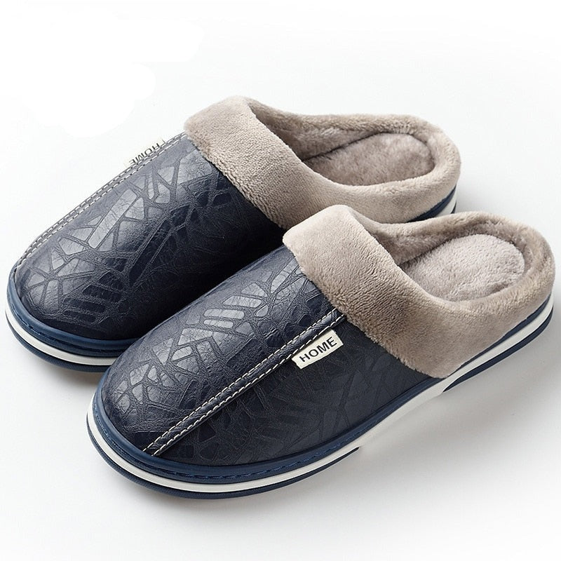 Slippers Men's Home Winter Indoor Warm Shoes Thick Bottom Plush  Waterproof Leather House Slippers