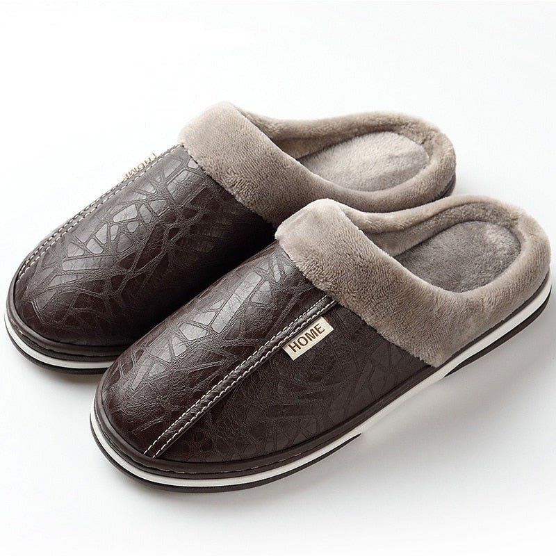 Slippers Men's Home Winter Indoor Warm Shoes Thick Bottom Plush  Waterproof Leather House Slippers