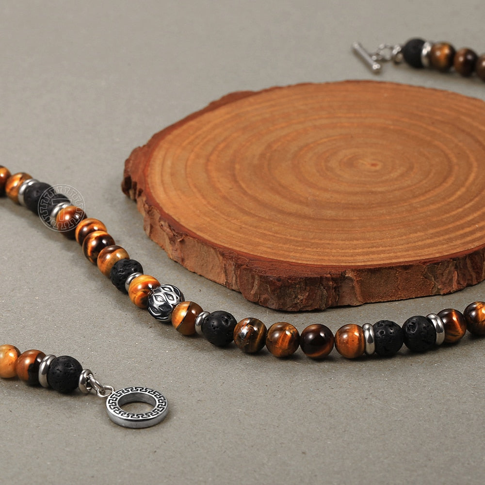 Men's Natural Tiger Eyes Stone Lava Bead And Stainless Steel Necklace