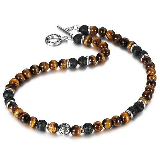 Men's Natural Tiger Eyes Stone Lava Bead And Stainless Steel Necklace