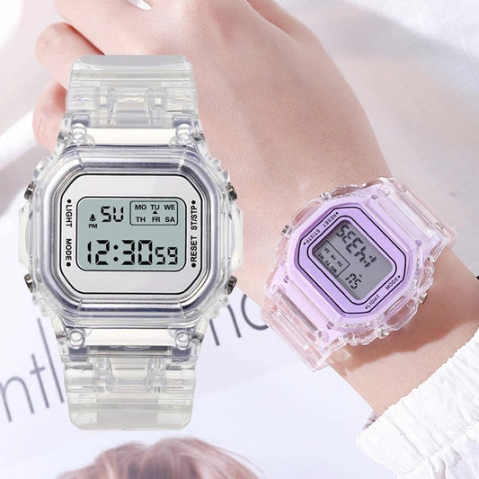 Digital Watch  Women's Transparent Square  Electronic Sports Wrist Watch